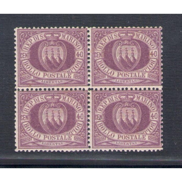 1877 San Marino , Catalogo Sassone n. 7 , 40 Lilla scuro - Blocco di Quattro - Discreta Centratura - MNH** - Certificato Oro Raybaudi -Grande Rarità