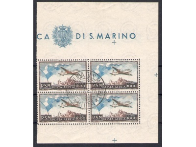 1951 SAN MARINO Posta Aerea 'Bandierone' - Blocco di Quattro - 28-11-1951 - Catalogo Sassone n. 99 - Certificato Enzo Diena Rara