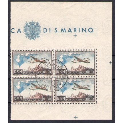 1951 SAN MARINO Posta Aerea 'Bandierone' - Blocco di Quattro - 28-11-1951 - Catalogo Sassone n. 99 - Certificato Enzo Diena Rara