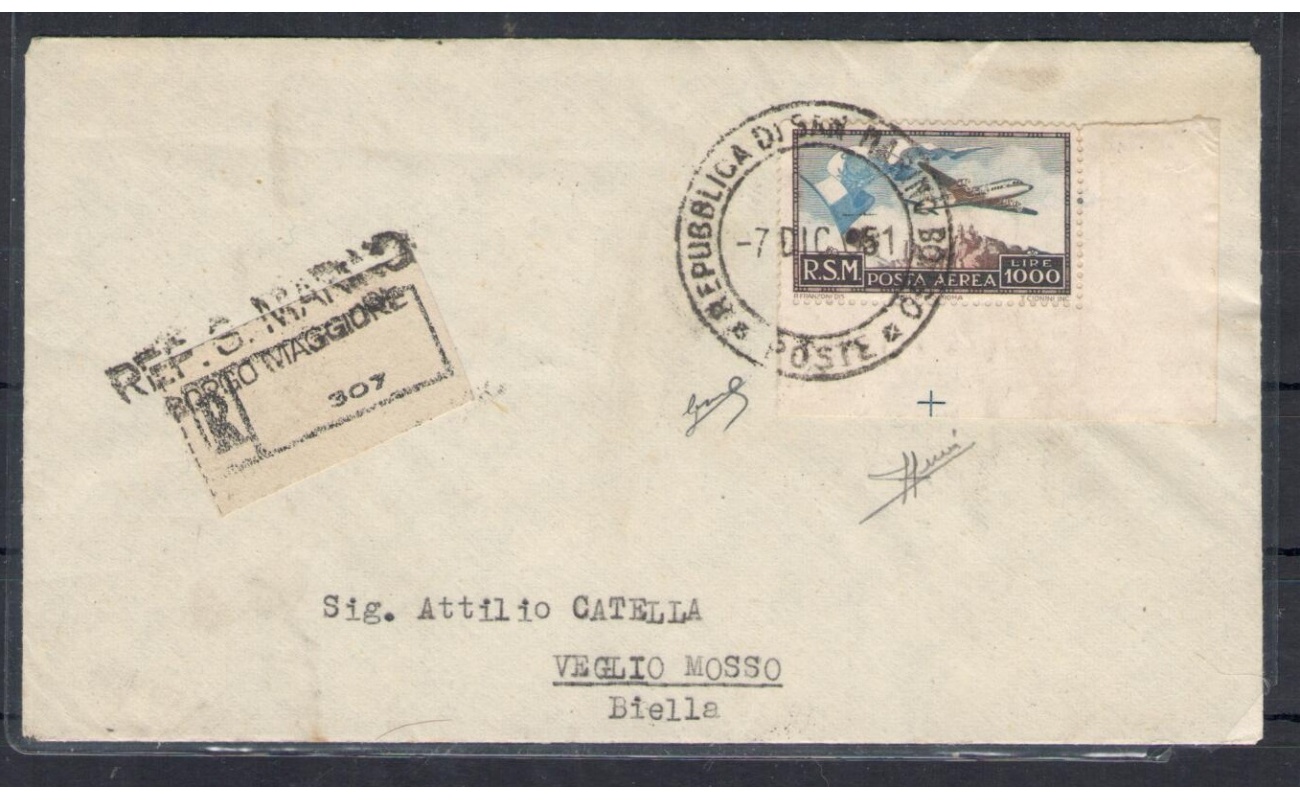 1951 SAN MARINO,  Posta Aerea n. 99 -1.000 Lire bruno e celeste - Bandiera e Veduta su Busta da San Marino Borgo a Veglio Mosso (Vc) del 7 -12-1951