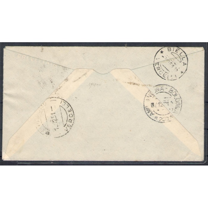 1951 SAN MARINO,  Posta Aerea n. 99 -1.000 Lire bruno e celeste - Bandiera e Veduta su Busta da San Marino Borgo a Veglio Mosso (Vc) del 7 -12-1951