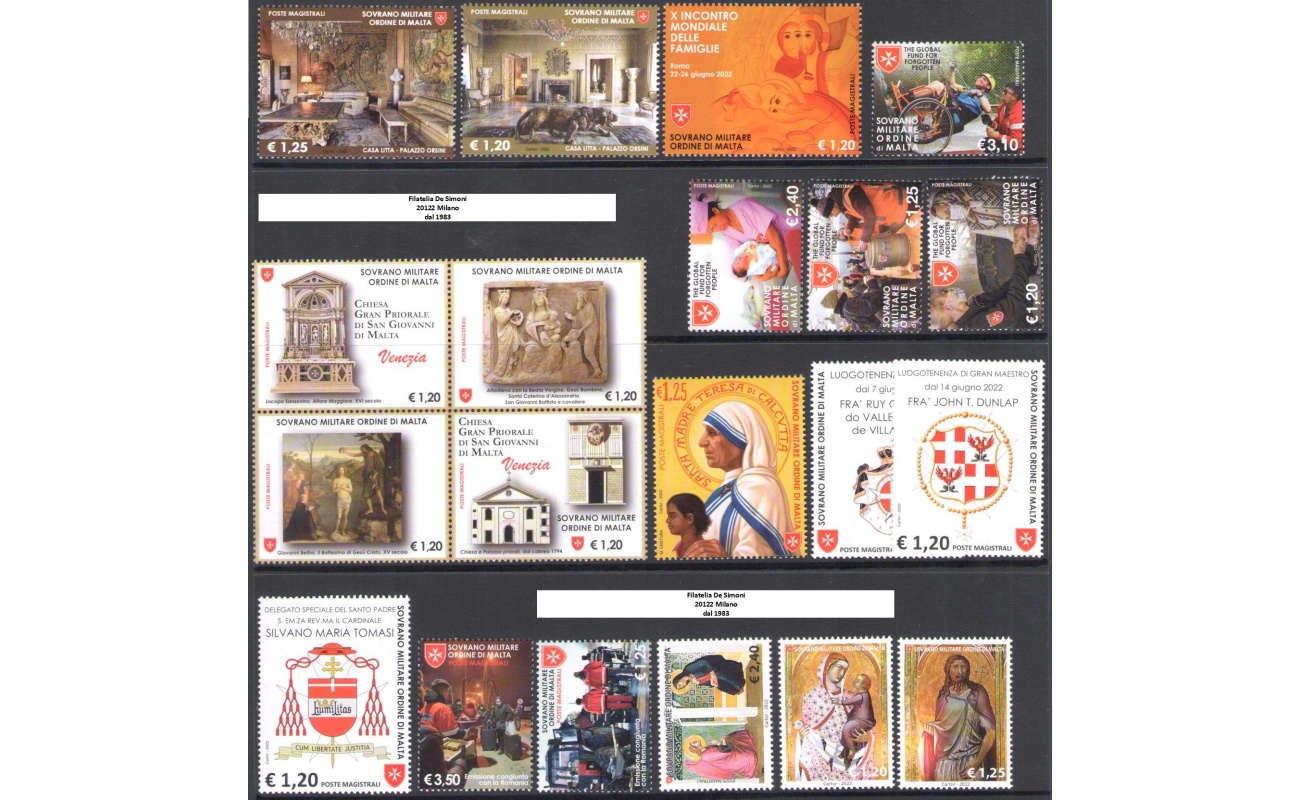 2022 Smom , francobolli nuovi , Annata Completa 39 valori + 8 Foglietti - MNH**