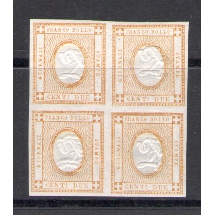 1862 Regno d'Italia, n. 10 - 2 cent bistro , Cifra in rilievo , Blocco di quattro - MNH** - Ottimi margini - Firma Chiavarello