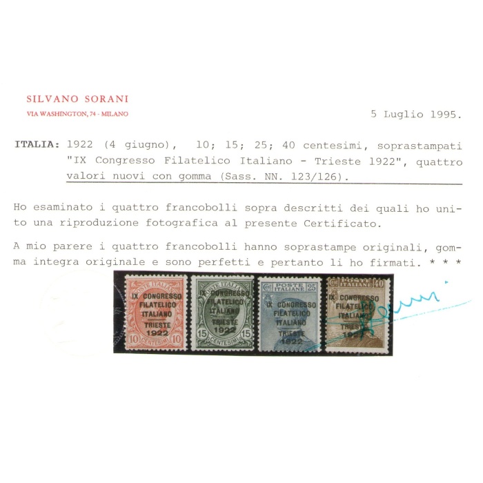 1922 Italia - Regno, 9 Congresso Filatelico Italiano - Trieste - MNH** - Certificato Sorani