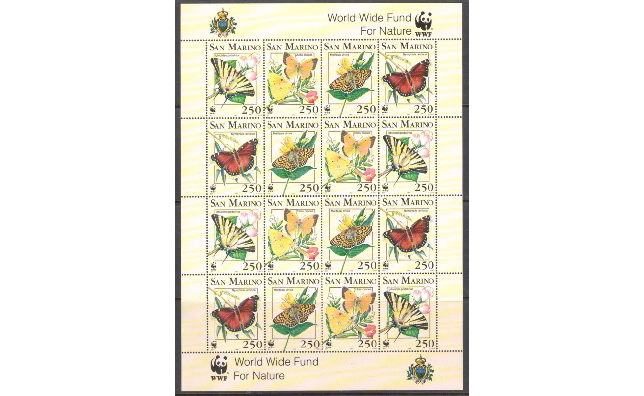 1993 San Marino ,  Minifoglio Farfalle , WWF - Protezione Natura - Minifoglio di 16 valori - MNH**