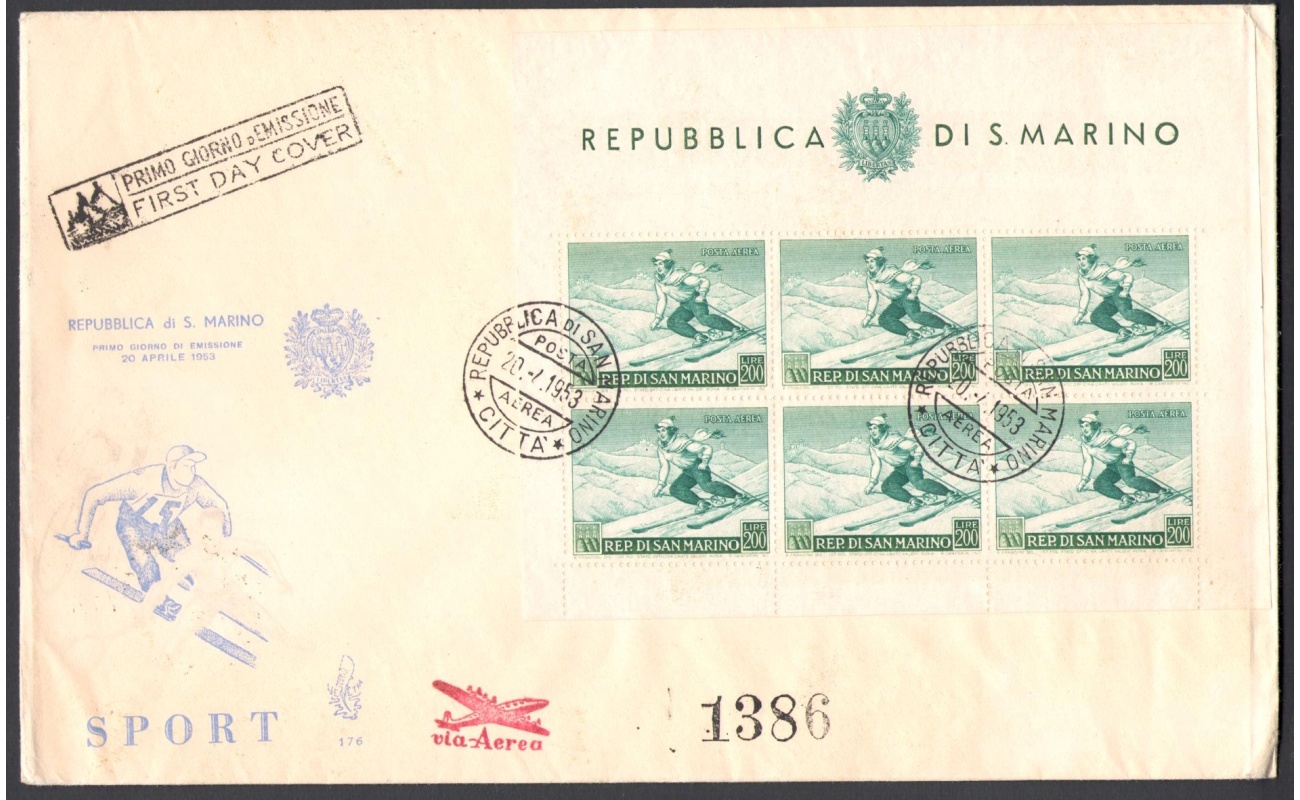 1953 San Marino , Foglietto Sciatrice BF 15 , Busta Venetia n. 176 bis , Viaggiata per Posta Aerea da San Marino a Milano , annullo al verso - Usata