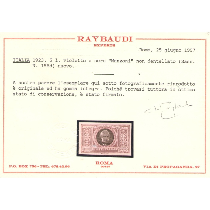 1923 Regno , n° 156d , Manzoni 5 Lire violetto e nero Non Dentellato,  MNH** - Certificato Raybaudi