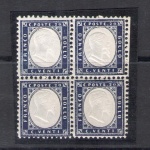 1862 Regno d'Italia, n° 2 - 20 cent indaco , Blocco di quattro discreta centratura e doppia effige su 2 francobolli con bordo di foglio a destra , MNH**