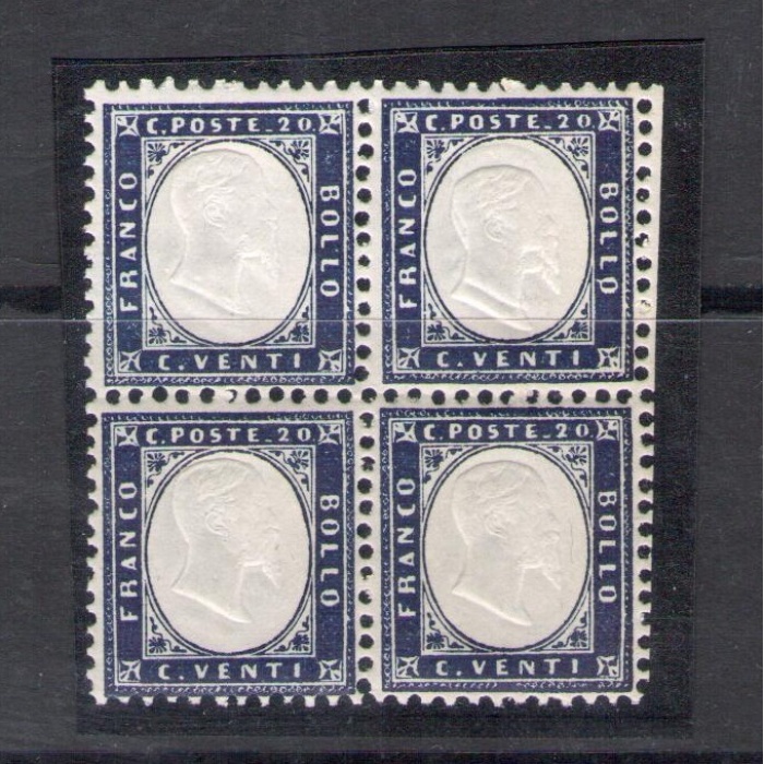 1862 Regno d'Italia, n° 2 - 20 cent indaco , Blocco di quattro discreta centratura e doppia effige su 2 francobolli con bordo di foglio a destra , MNH**