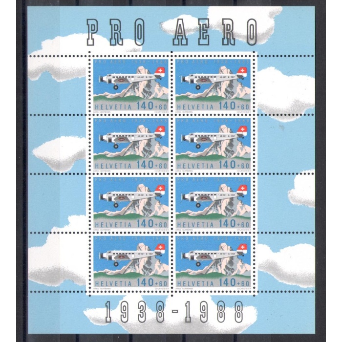 1988 SVIZZERA , Posta Aerea n. 49 , MiniFoglio Cinquantenario Pro Aereo  , Minifoglio di 8 esemplari , MNH**