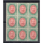 1889 Italia - Regno - Umberto I°,n° 49 , 5 Lire verde , Blocco di 9 esemplari , Normale Centratura MNH**