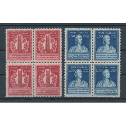 1949 Italia - Repubblica , 150 Anniversario Pila di Volta , 2 valori , n. 611/12 - blocco di Quattro , MNH**