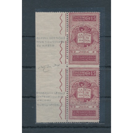 1921 Italia Regno, n. 116n , Dante Alighieri , Coppia del 15 cent lilla non dentellata al centro e con filigrana lettere , MNH**