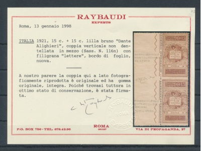 1921 Italia Regno, n. 116n , Dante Alighieri , Coppia del 15 cent lilla non dentellata al centro e con filigrana lettere , MNH**