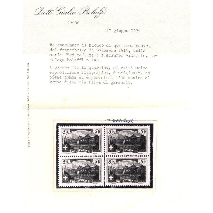 1914 SVIZZERA , Catalogo Unificato n. 143 , 5 franchi Rutli , MNH** - Certificato Bolaffi - Proviene dalla Quartina
