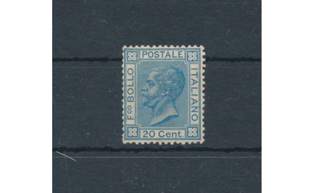 1867 Italia - Regno , 20 cent azzurro , Tiratura di Torino, n. T26 - Firma al verso per esteso Giulio Bolaffi - MNH **