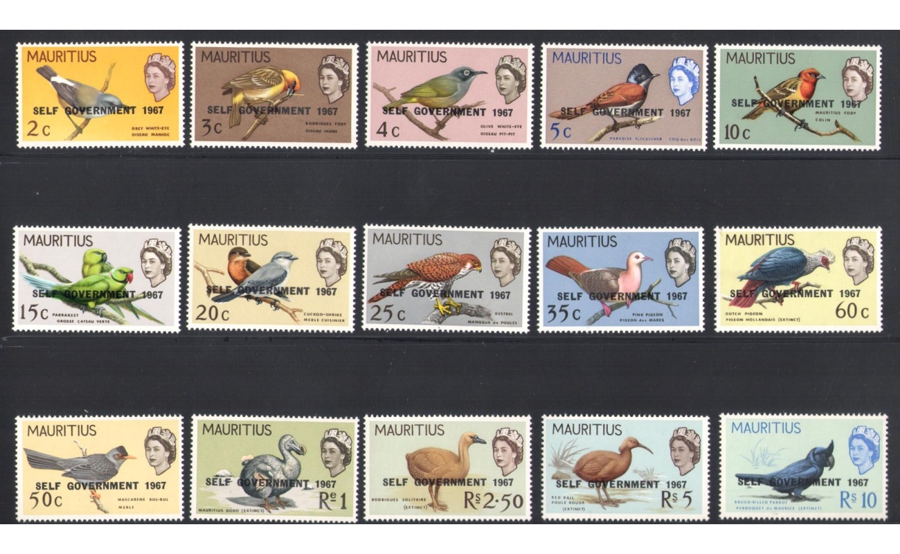 1967 Mauritius , Self Governement - Uccelli - serie di 15 valori , Catalogo Yvert n. 296/310 - MNH**