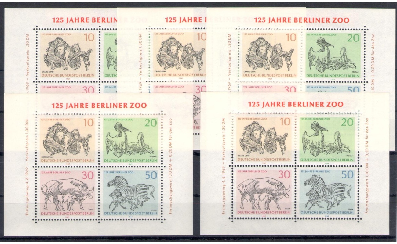 1969 Germania - Berlino - 125 Anniversario Zoo di Berlino - Yvert n. 310/13 - MNH** - 5 Foglietti