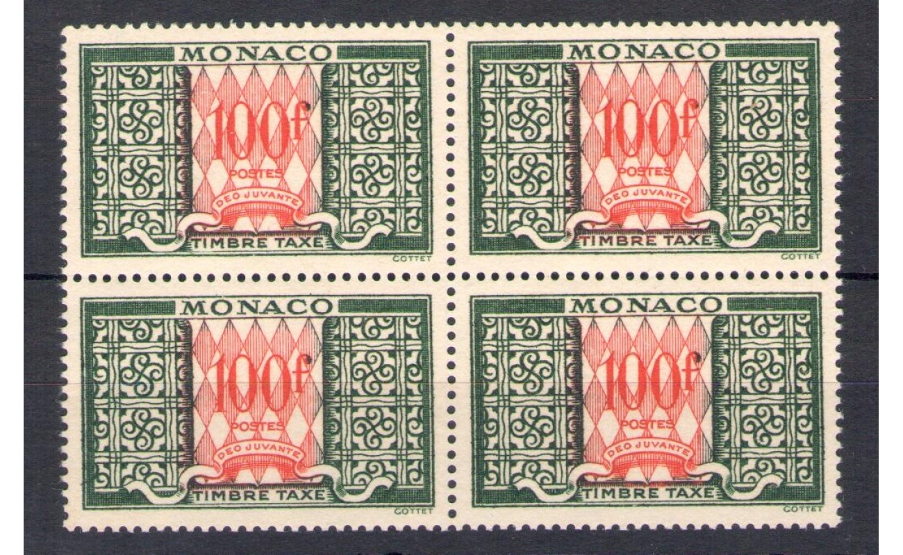 1946-57 MONACO, Tasse n° 39 - 100  Franchi e rosso - Blocco di Quattro - MNH**
