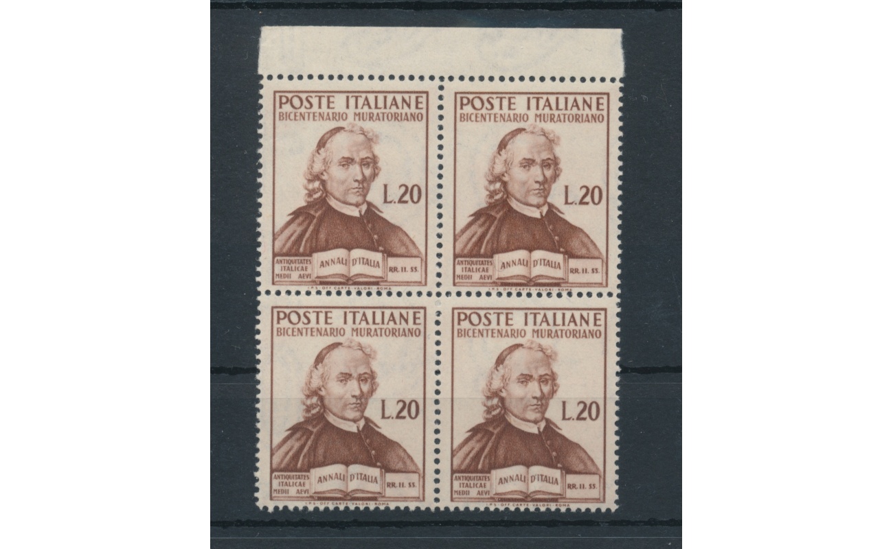 1950 Italia - Repubblica , Ludovico Muratori -  1 valore , n.  625 , Buona Ottima Centratura , MNH** - Blocco di Quattro