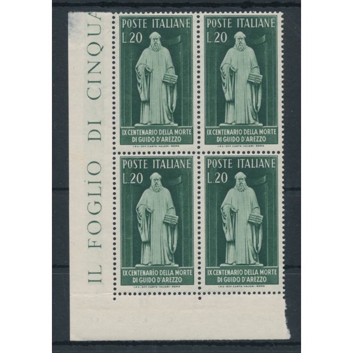 1950 Italia - Repubblica , Guido d'Arezzo -  1 valore , n.  626 , Buona Ottima Centratura , MNH** - Blocco di Quattro - Angolo di Foglio