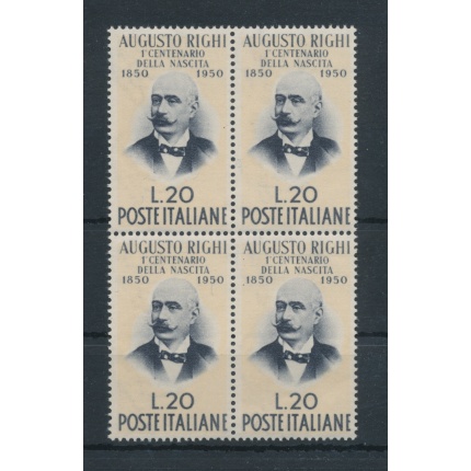 1950 Italia - Repubblica , Augusto Righi -  1 valore , n.  633 , Buona Ottima Centratura , MNH** - Blocco di Quattro