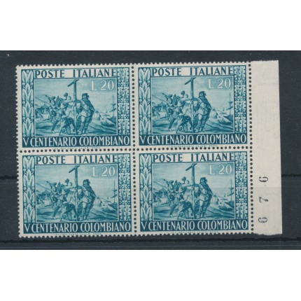 1951 Italia - Repubblica , Cristoforo Colombo -  1 valore , n.  660 Buona Ottima Centratura MNH** - Blocco di Quattro