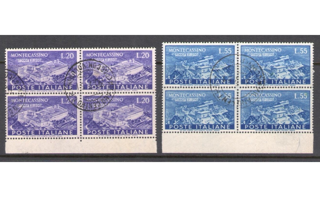 1951 Repubblica - n. 664/665 - Montecassino , 2 valori -  Blocco di quattro - Usato