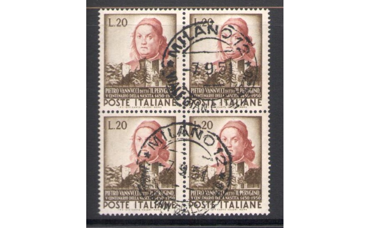 1951 Repubblica - n. 668 - Pietro Vannucci , 1 valore -  Blocco di quattro - Usato