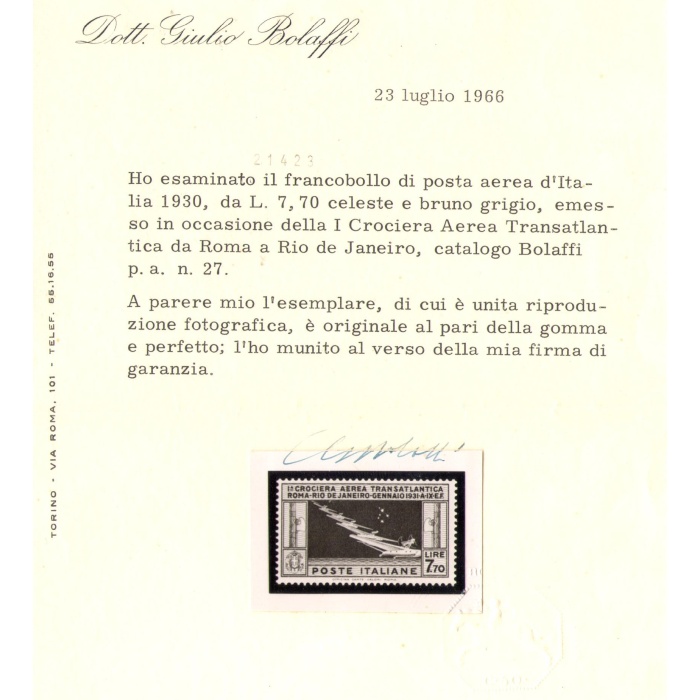 1930 Regno d'Italia , Crociera Transatlantica del Generale Balbo, 7,70 celeste chiaro n ° 25 - Certificato Bolaffi - MNH**