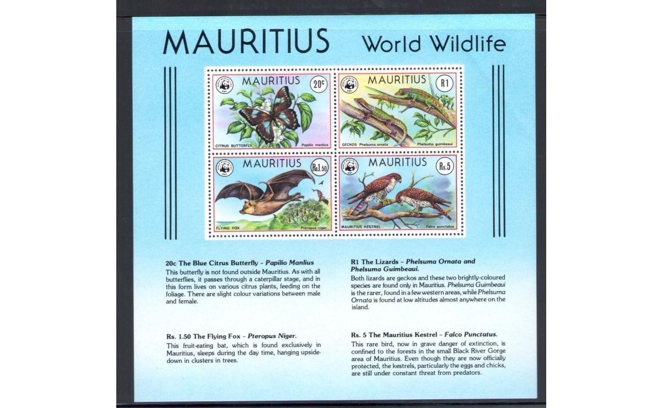 1978 Mauritius , Fauna - WWF - 4 valori , Catalogo Yvert n. Foglietto 8 - MNH** (Leggera piega come da scansione)