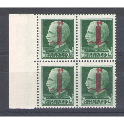 1944 Repubblica Sociale Italiana, n. 490 , 25 cent verde , Soprastampa Fascetto Rossa , MNH** Blocco di Quattro