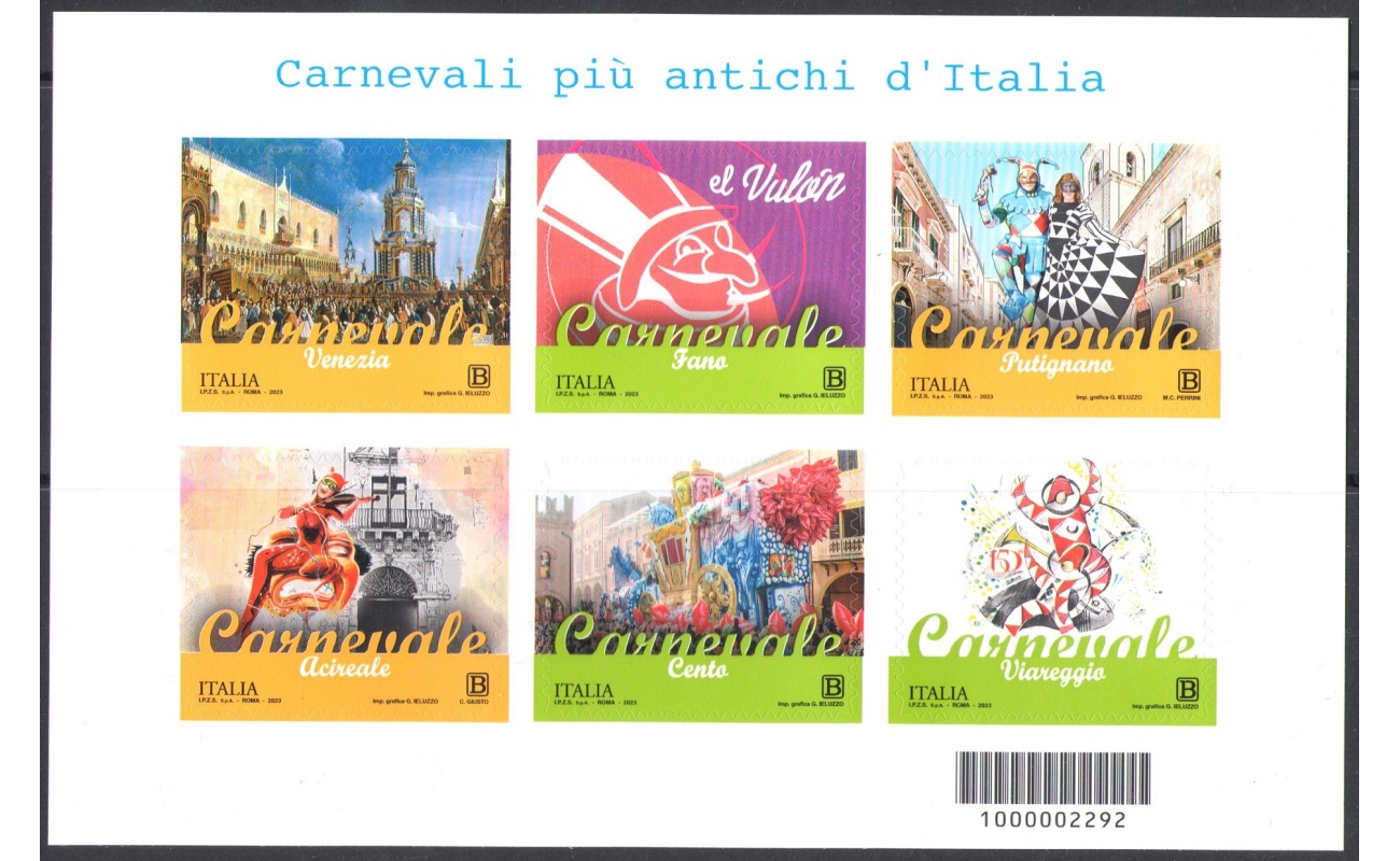 2023 Italia - Repubblica , "Carnevali d'Italia" , Foglietto - Nuovo , Tiratura 45.000 Esemplari , MNH**