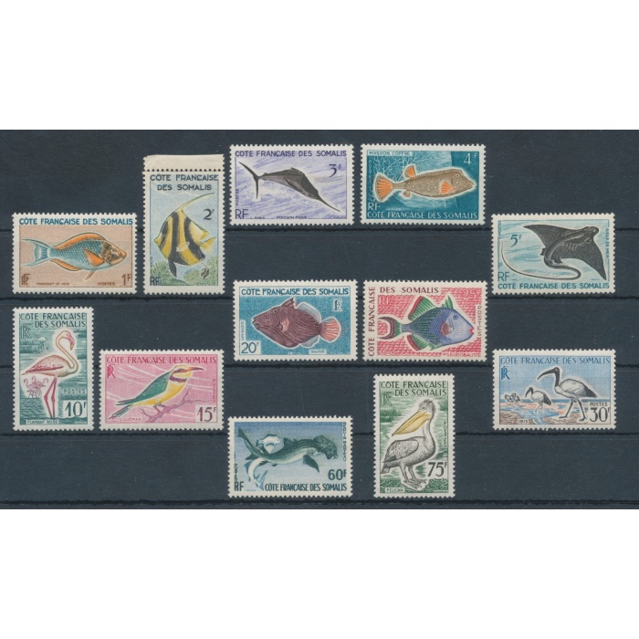 1959-60 Cote Francaise des Somalis - Catalogo Yvert n. 292/303 - Pesci ed Uccelli - 12 valori - MNH** (1 valore 30 franchi con aderenza di carta)