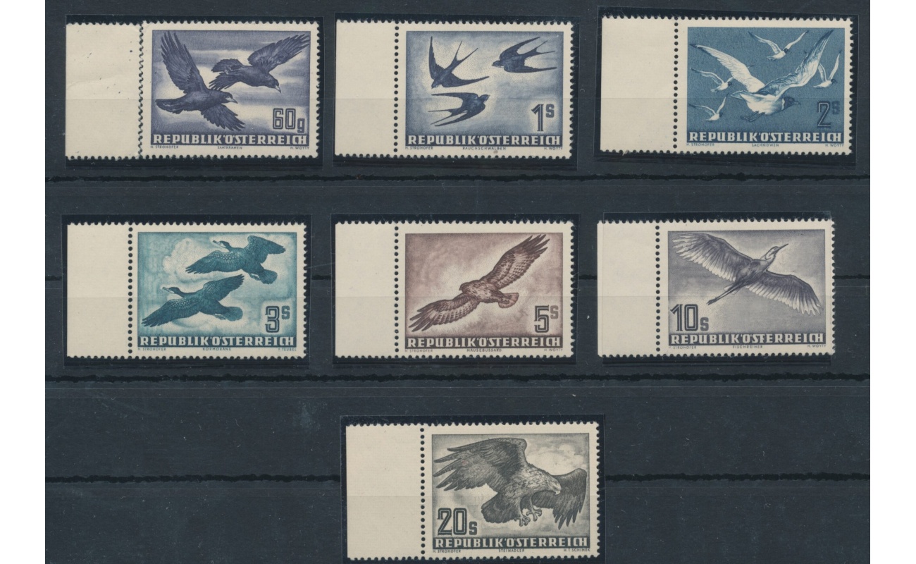 1950-53  AUSTRIA -  POSTA AEREA , Uccelli in volo , A54/A60 , 7 valori  MNH** - Tutti Bordo di Foglio Sinistro