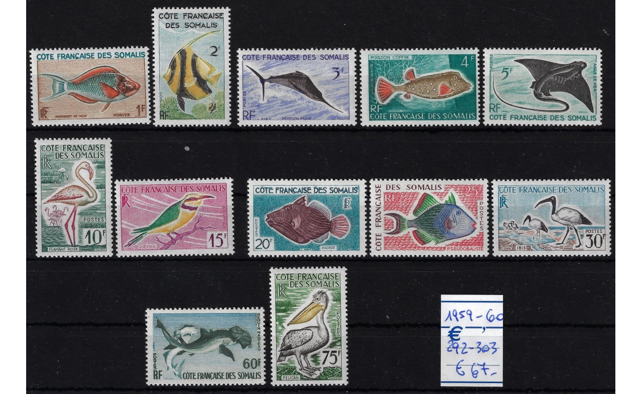 1959-60 Cote Francaise des Somalis - Catalogo Yvert n. 292/303 - Pesci ed Uccelli - 12 valori - MNH**