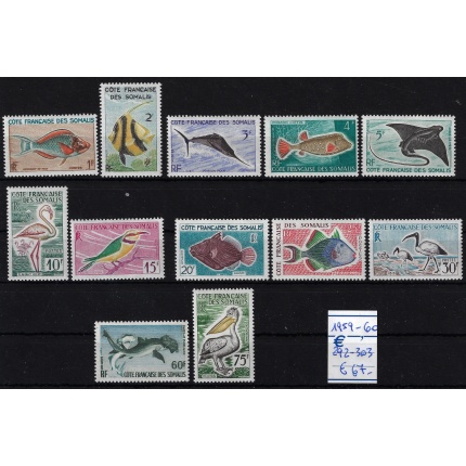 1959-60 Cote Francaise des Somalis - Catalogo Yvert n. 292/303 - Pesci ed Uccelli - 12 valori - MNH**