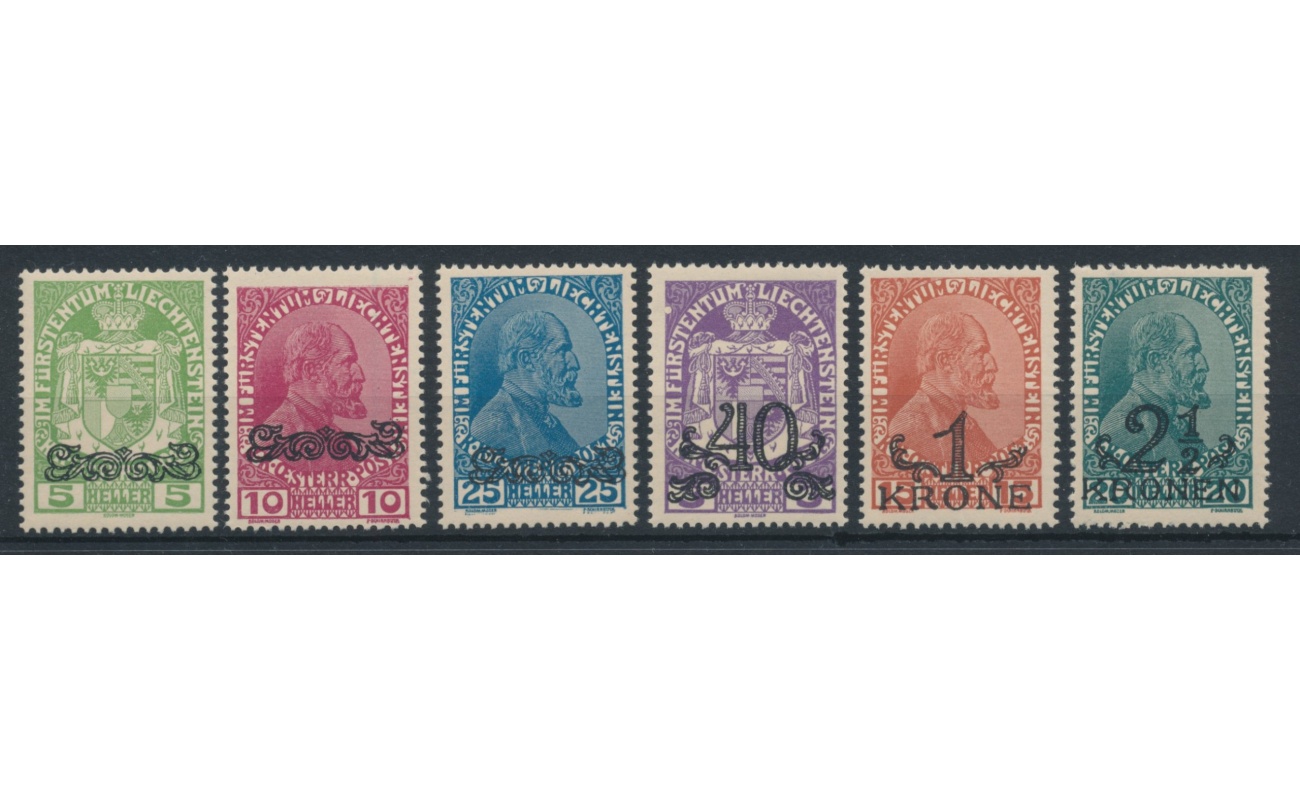 1920 Liechtenstein, n° 11/16 , Stemma o Effige del principe Giovanni II sovrastampati , 6 val , MNH**
