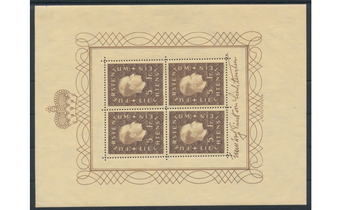 1939 Liechtenstein, Foglietto n. 4 , Effige del Principe Francesco Giuseppe II , MNH** - Certificato Bolaffi