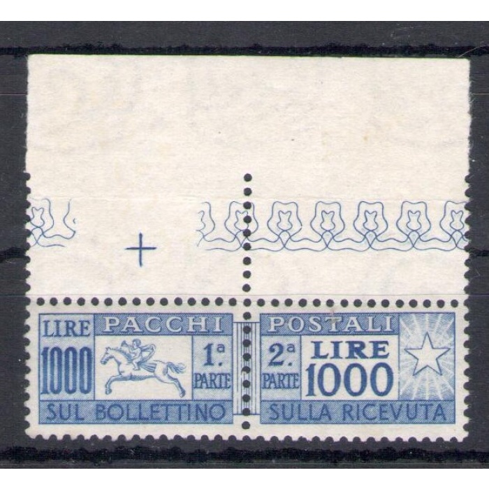 1954 Italia - Repubblica  , Pacchi Postali Lire 1000 , Cavallino , Certificato Raybaudi Oro n. 81 , Dentellatura Pettine - MNH**