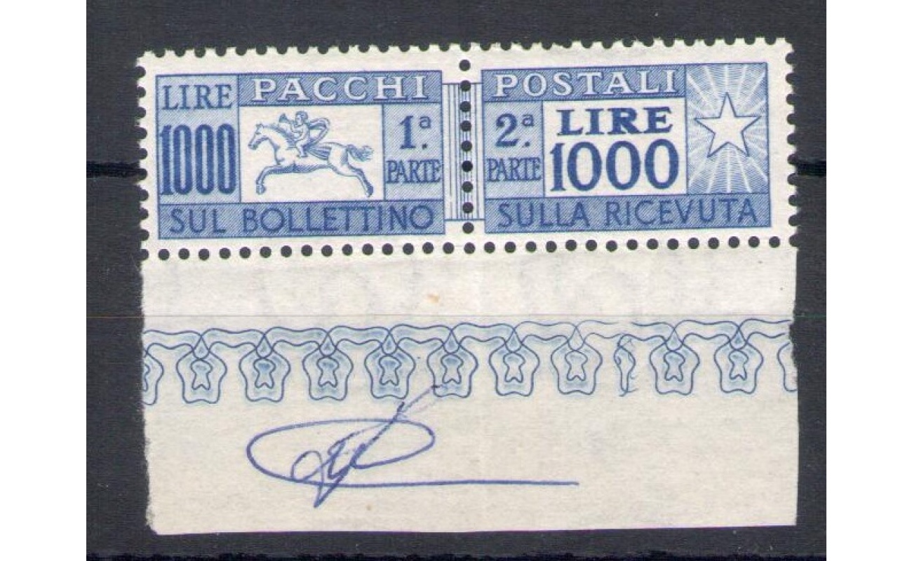 1954 Italia - Repubblica  , Pacchi Postali Lire 1000 , Cavallino , Certificato Landmans n. 81 , Dentellatura Pettine - MNH**