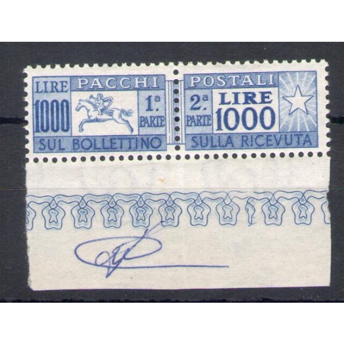 1954 Italia - Repubblica  , Pacchi Postali Lire 1000 , Cavallino , Certificato Landmans n. 81 , Dentellatura Pettine - MNH**