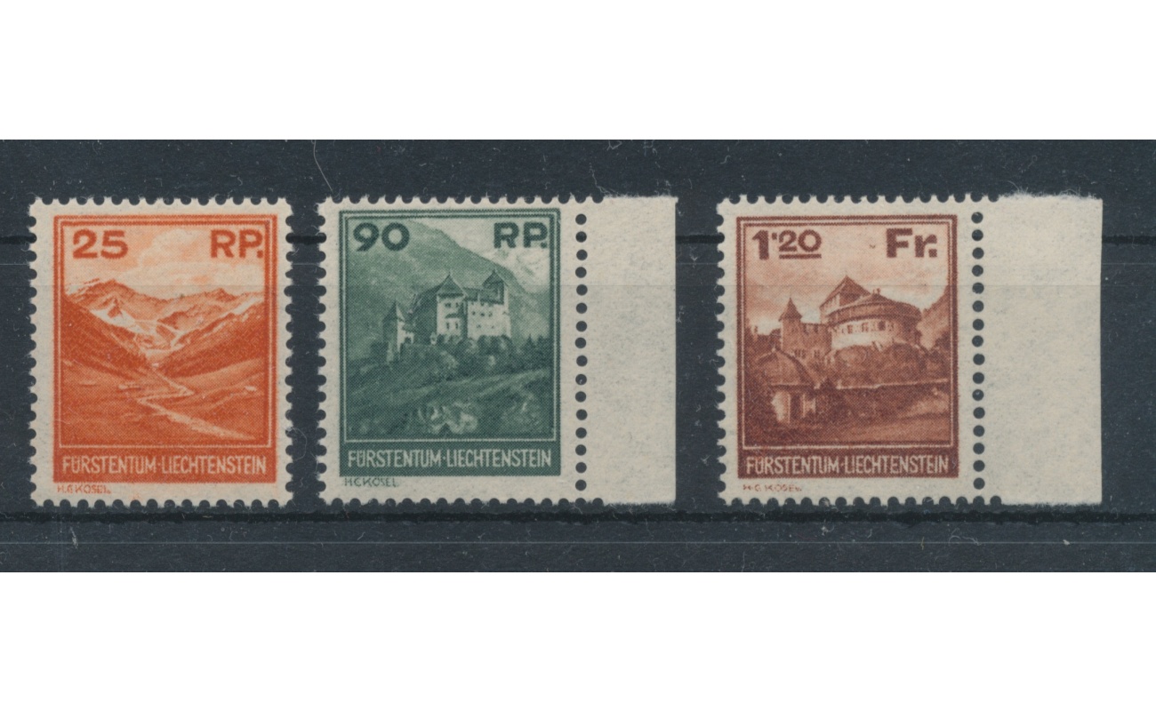 1933 Liechtenstein, n. 111/113 , Vedute diverse ,3 valori  , Certificato Giulio Bolaffi , MNH**