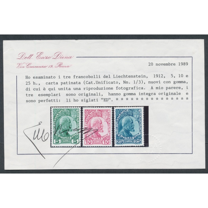 1912 Liechtenstein, n. 1/3 , Effige del principe Giovanni II , 3 valori , carta patinata , MNH**
