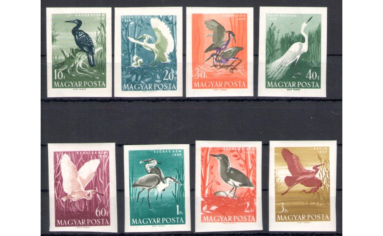 1959 Ungheria - Uccelli Acquatici - Non Dentellati - Michel  n. 1593B/1600B - 8 valori - MNH** - Tiratura 3533 esemplari