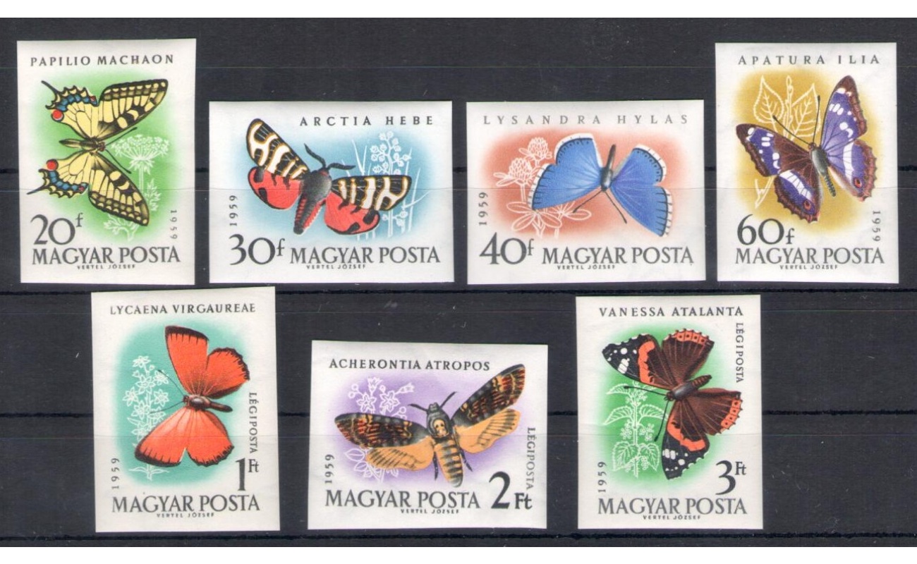 1959 Ungheria - Farfalle - Non Dentellati - Michel  n. 1633B/1636B + A230B/A232B - 7 valori - MNH** - Tiratura 5093 esemplari