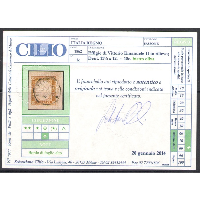 1862 Italia - Regno , n. 1e - 10 cent Bistro Oliva , Effige Vittorio Emanuele II , Usato su frammento