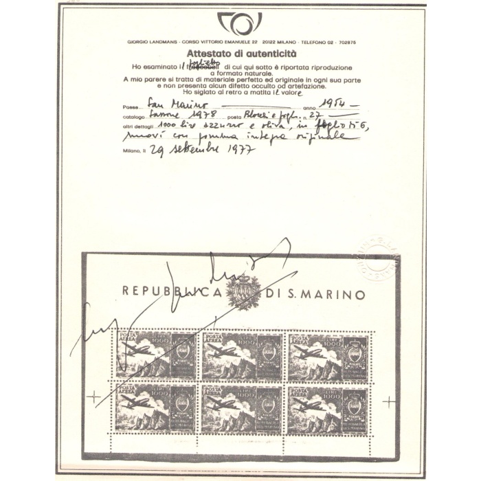 1954 SAN MARINO, Foglietto n° 16 Foglietto Aereo Veduta e Stemma , MNH** , Certificato Storico Landmans