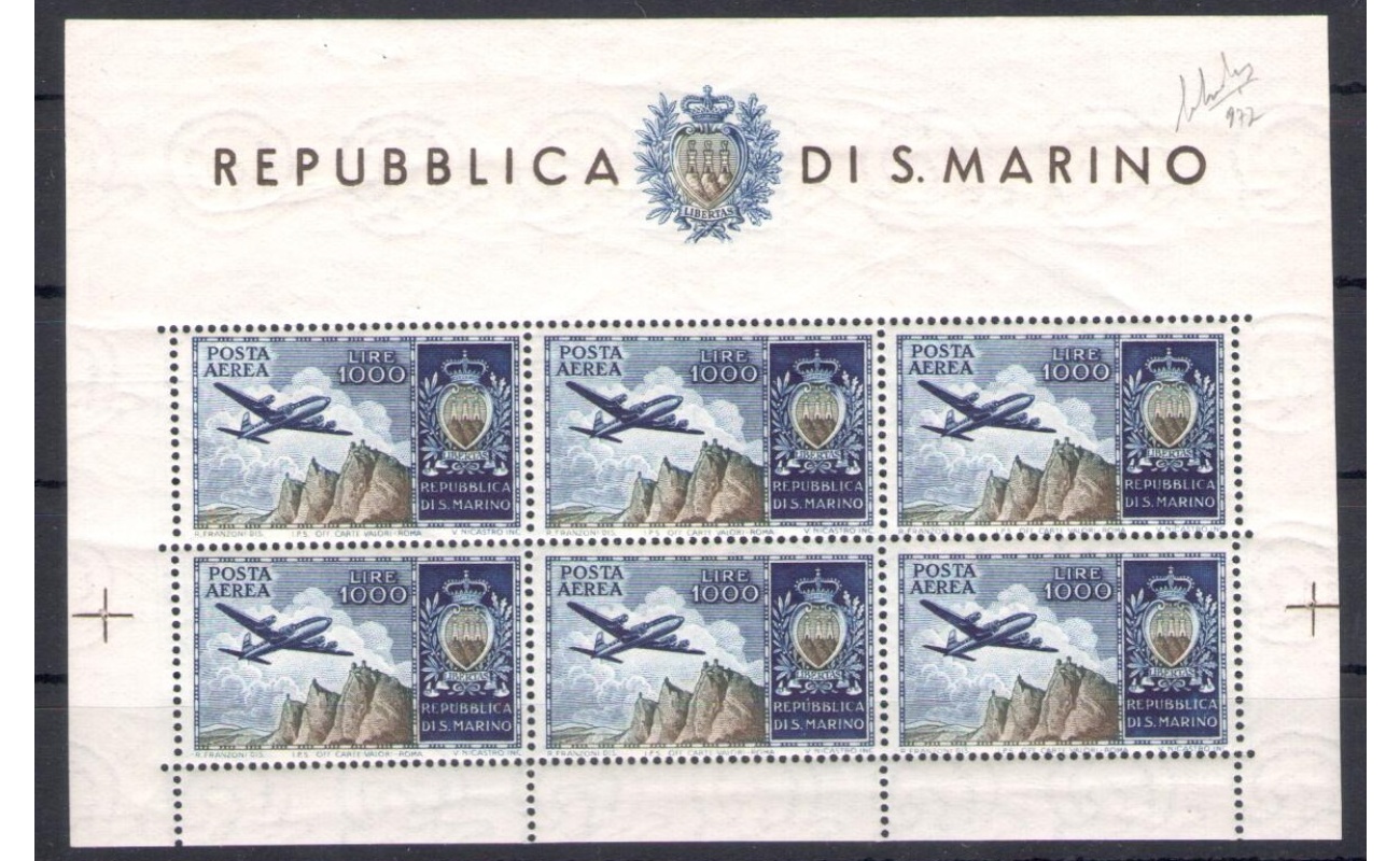 1954 SAN MARINO, Foglietto n° 16 Foglietto Aereo Veduta e Stemma , MNH** , Certificato Storico Landmans