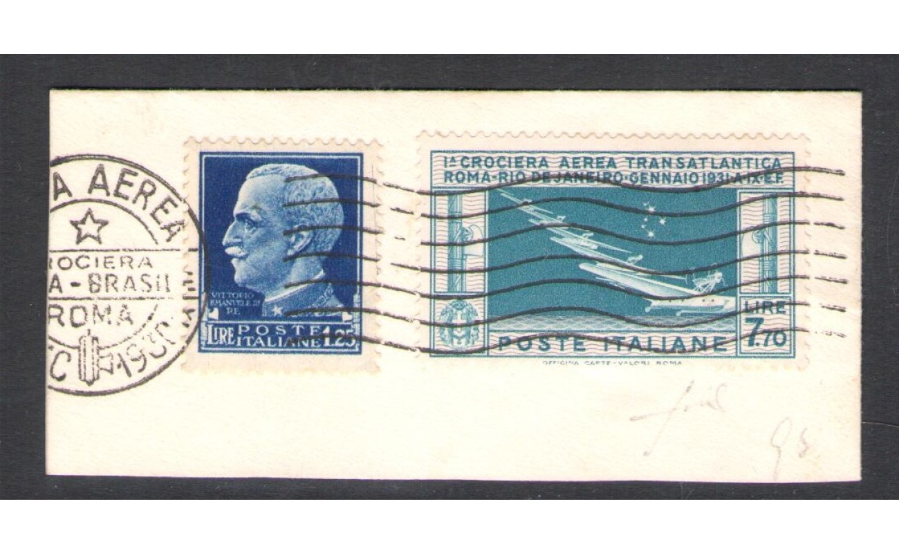 1930 Regno d'Italia , Crociera Transatlantica del Generale Balbo, 7,70 celeste chiaro n. 25 - Usato con annullo ufficiale su frammento